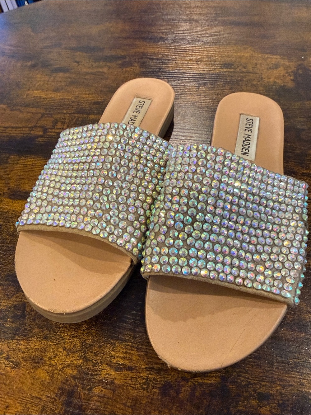 Steve Madden Nude Slide Sandals with Iridescent Crystal Straps